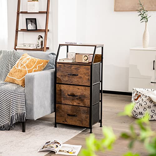 Giantex 3 Chest of Drawers, Industrial Storage Cabinet w/Top Shelf & 3 Removable Drawers, Solid Steel Structure, Foldable Fabric Drawer, Dresser Organizer Wooden, Rustic Brown