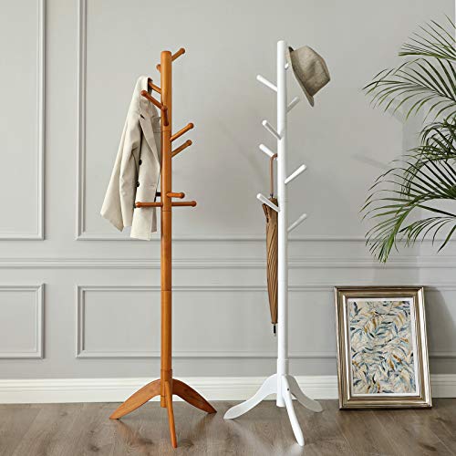 VASAGLE Standing Coat Rack, Solid Wood Coat Rack, Tree-Shaped Coat Rack with 8 Hooks, 3 Height Options, for Clothes, Hats, Bags, for Living Room, Bedroom, Home Office, White RCR60WT