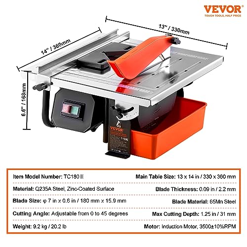 VEVOR Wet Tile Saw, 7-inch 65Mn Steel Blade, 3500 RPM Induction Motor, Tile Cutter Wet Saw with Water Reservoir, 0-45 Degrees Miter Angle for Cutting Tiles and Stones, for DIY Enthusiasts