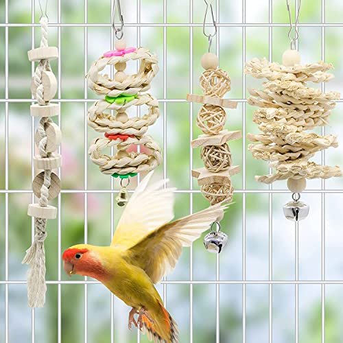 7-Piece Wooden Bird Chewing Toy，Parrot cage Foraging Hanging Toy, Suitable for Cockatiels, Conures, Finches, Parrots, Macaws, Parrots, Lovebirds