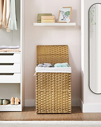 SONGMICS Laundry Basket with Lid, 90L Washing Basket 2 Compartments, Removable Liners with Handles, Handwoven Synthetic Rattan, for Bedroom, Bathroom, Laundry Room, 33x 46 x 60 cm, Natural LCB251N01V1