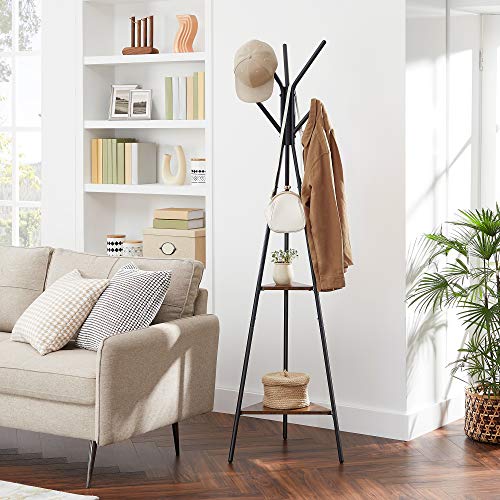 VASAGLE Coat Rack Freestanding, Coat Hanger Stand, Hall Tree with 2 Shelves, for Clothes, Hat, Bag, Industrial Style, Rustic Brown and Black URCR16BX