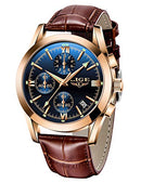 LIGE Men's Watches Elegant Luxury Analog Quartz 3ATM Waterproof Chronograph Watch for Male Fashion Casual Brown Leather Round Blue Dial Calendar Business Gents Dress Wristwatch