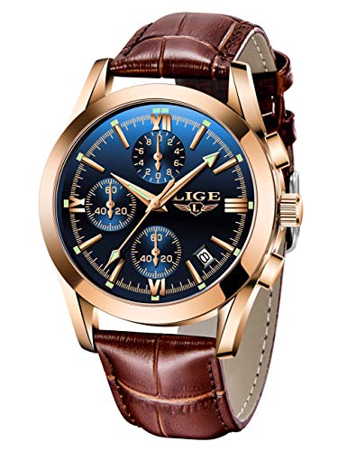 LIGE Men's Watches Elegant Luxury Analog Quartz 3ATM Waterproof Chronograph Watch for Male Fashion Casual Brown Leather Round Blue Dial Calendar Business Gents Dress Wristwatch
