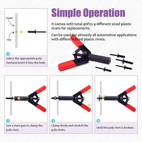 Swpeet 41Pcs Poly Rivet Gun Set with 1Pcs Rivet Removal Tool, Poly Rivet Tool for All Plastic Rivets Safe Metal or Plastic Clips Removal - Free Fastener Remover Included