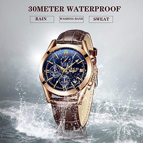 LIGE Men's Watches Elegant Luxury Analog Quartz 3ATM Waterproof Chronograph Watch for Male Fashion Casual Brown Leather Round Blue Dial Calendar Business Gents Dress Wristwatch