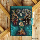 TUZECH Book of Spells Leather Bound Journal Deckle Edge Paper Grimoire Printed Diary Spiral Gothic Notebook Antique Vintage Book for Men and Women (Green Lady)