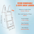 VEVOR Dock Ladder, Removable 3 Steps, 159 kg Load Capacity, Aluminum Alloy Pontoon Boat Ladder with 101.6 mm Wide Step & Nonslip Rubber Mat, Easy to Install for Ship/Lake/Pool/Marine Boarding