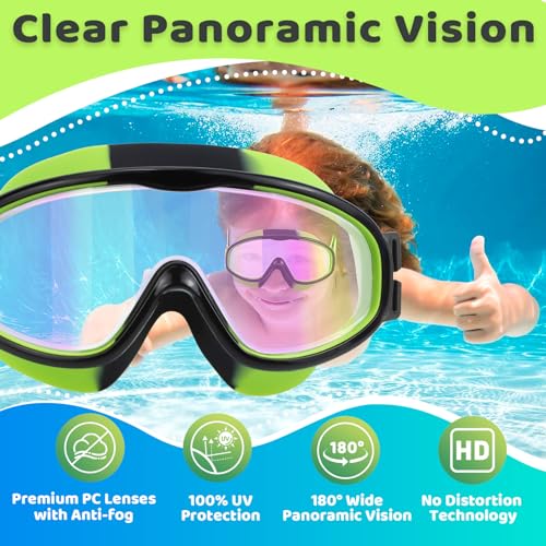 Vvinca 2pc Kids-Goggles with Elastic Fabric Strap, Wide View Anti Fog UV Anti Shattered Lens for Kids Swim Goggles 3-14 Toddlers Girls Boys