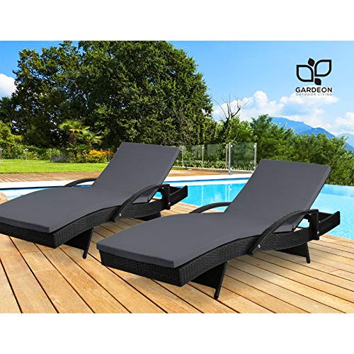 Gardeon Set 2 Sun Lounge Camping Chair Wicker Lounger Rattan Day Bed, Chaise Beach Chairs Outdoor Furniture Garden Patio Setting Pool Backyard, Cushion Armrest Adjustable Backrest Black