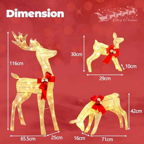 Costway 3 Pieces Lighted Reindeer Family Set, Pre-lit Christmas Decoration w/ 230 LED Lights, Stakes, Indoor Outdoor Light up Holiday Decor for Yard Patio Lawn Garden Party