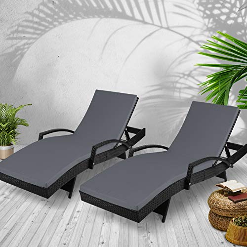 Gardeon Set 2 Sun Lounge Camping Chair Wicker Lounger Rattan Day Bed, Chaise Beach Chairs Outdoor Furniture Garden Patio Setting Pool Backyard, Cushion Armrest Adjustable Backrest Black