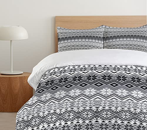 Ambesonne Grey Duvet Cover Set Twin Size, Nordic Snowflake Knit Patterns Scandinavian Motifs Traditional and Modern Print, Decorative 2 Piece Bedding Set with 1 Pillow Sham, Gray White Black
