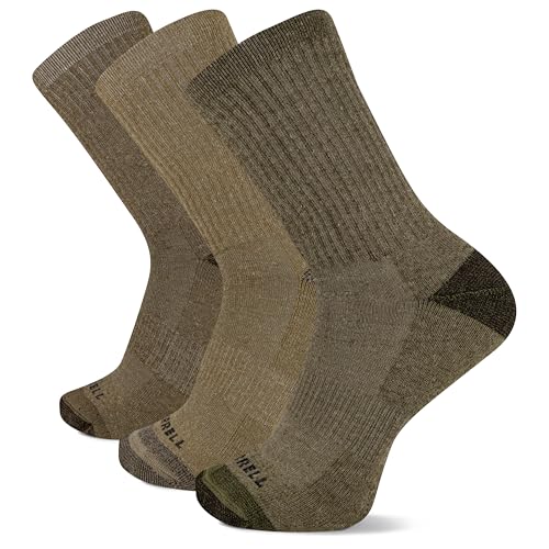 MERRELL Men's 3 Pack Performance Cushion Hiker Crew Hiking Socks, Olive Assorted, Medium-Large US