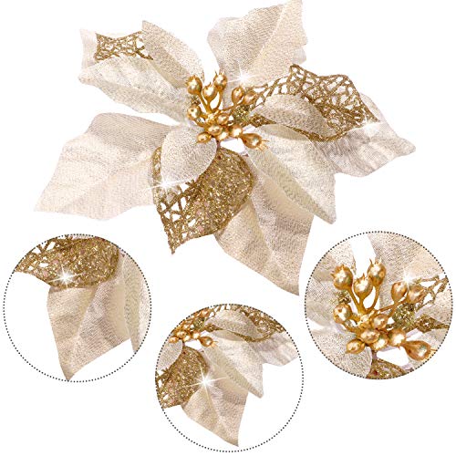 36 Pieces Christmas Glitter Poinsettia Faux Flowers Christmas Flowers Decorations Wedding Xmas Tree New Year Ornaments (Gold)