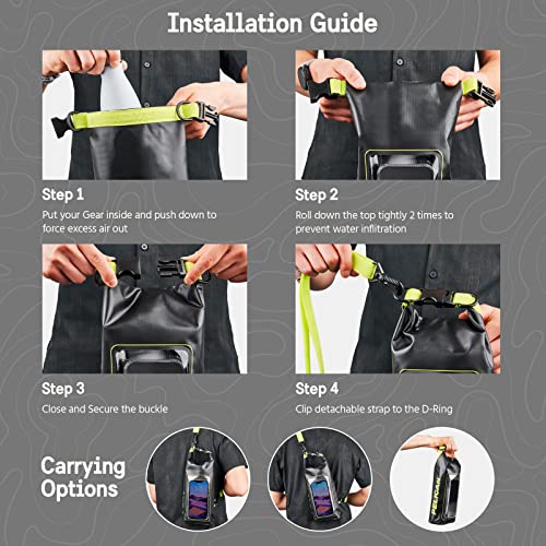 Case-Mate Marine IP68 Waterproof Dry Bag 2L-Roll Top Backpack w/Phone Case/Pouch-Boating & Kayak Accessories-Essentials for Camping Swimming Beach Fishing Rafting Travel-Black/Hi-Vis Yellow