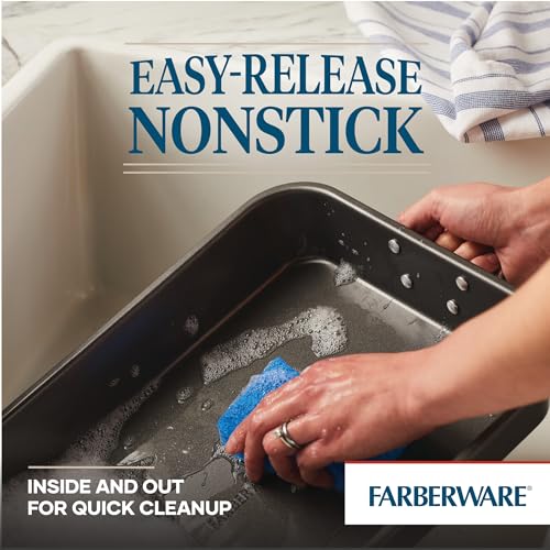 Farberware Nonstick Bakeware 11-Inch x 15-Inch Roaster with Flat Rack, Gray,Grey