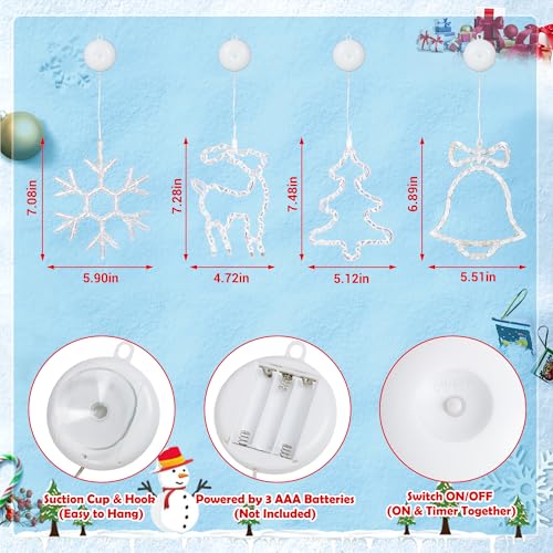 [Timer] 4 Pack Christmas Decorations Window Lights, Battery Operated Christmas Lights Reindeer Tree Jingle Bell Snowflake Window Lights with Suction Cup for Xmas New Year Decorations Indoor Outdoor