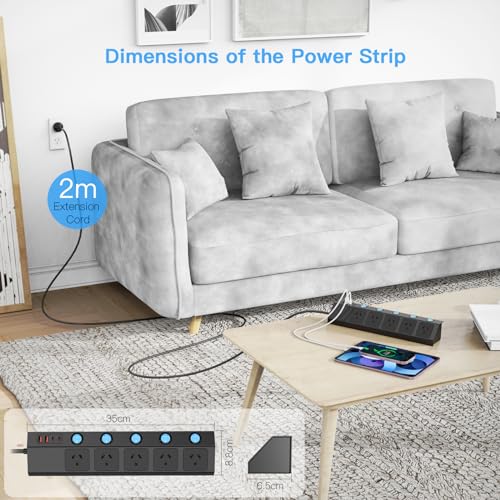 Yundian Power Strip with Individual Switches, 5 AC Outlets, 2 USB A and 2 USB C Surge Protector 2m Extension Cord, 2400W/10A, 170 Joules, USB Power Board Switch for Home and Office Use (Black)