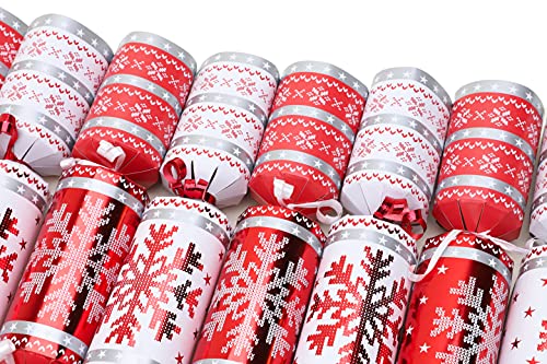 Toyland® Pack of 10 - Red & White Snowflake Nordic Christmas Crackers - Christmas Dinner Table Decorations