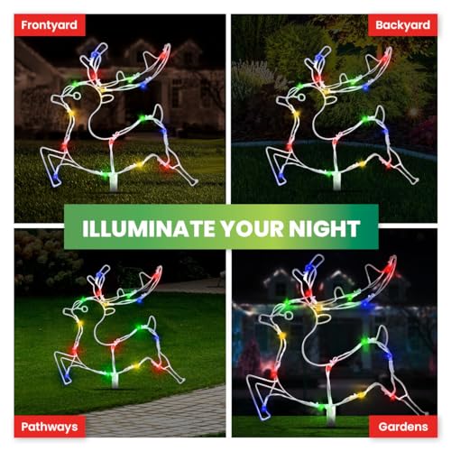 [2PK] Christmas By Sas Multicolour Silhoutte Stake Reindeer Solar Power Led Lights, 16 Lights, Home & Garden Decor - 1.9m