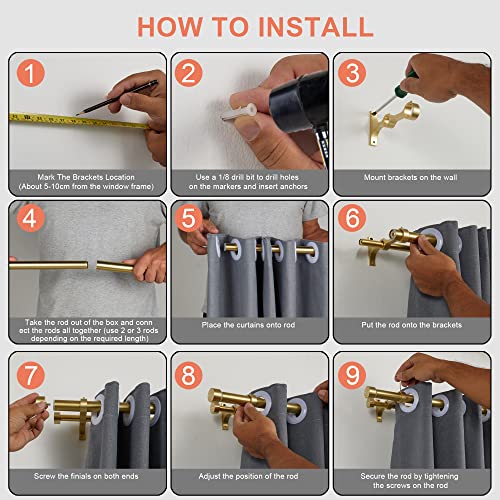 Lwiiom Double Curtain Rods with Aluminum End Cap and Full Surround Brackets,1"Front and 5/8" Back Rod,Adjustable between 72 to 144 Inches (6-12 Feet), Brass Double Window Drapery Rod