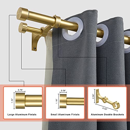 Lwiiom Double Curtain Rods with Aluminum End Cap and Full Surround Brackets,1"Front and 5/8" Back Rod,Adjustable between 72 to 144 Inches (6-12 Feet), Brass Double Window Drapery Rod