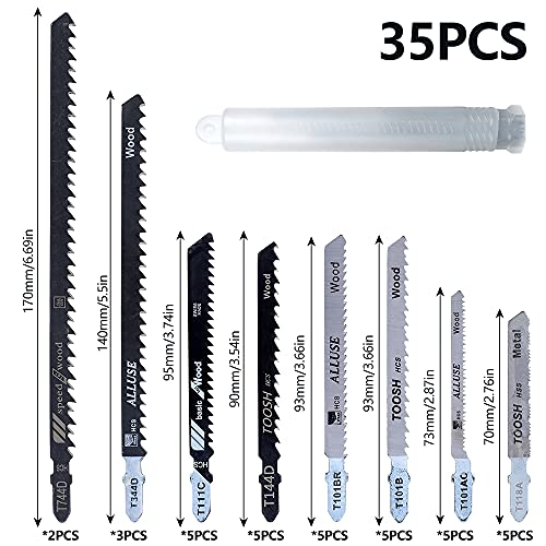 35Pcs Jig Saw Blade Set T-Shank Fast Cut Down Jigsaw Blade Jig High Carbon Steel Assorted Blades Saw Cutting Tool for Thin Metal Wood Plastic Cutting Compatible with Most Jig Saw