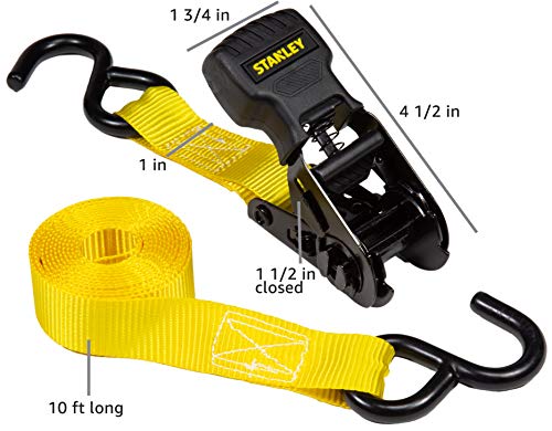 Stanley S10002 Black/Yellow 1" x 10' Ratchet Tie Down Straps - Light Cargo Hauling (1,500 lbs Break Strength), 2 Pack