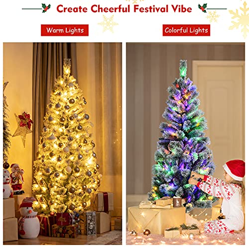 Costway 1.8M/6 ft Pre-lit Snow Flocked Christmas Tree with 9 Lighting Modes and Color Changing LED Lights, Artificial Xmas Hinged Tree with Remote Controller, Xmas Pine Tree Christmas Decoration for Home, Office, Party