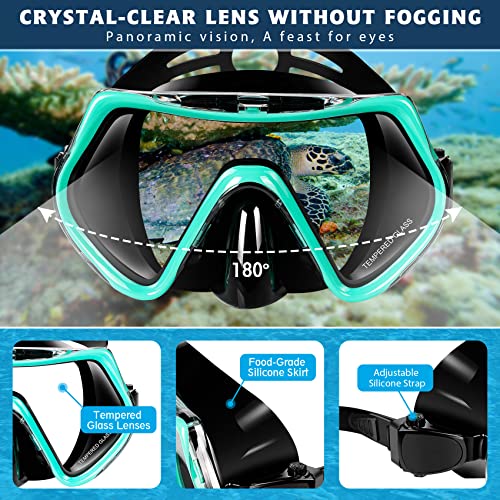 ZEEPORTE Mask Fin Snorkel Set with Adult Snorkeling Gear, Panoramic View Diving Mask, Trek Fin, Dry Top Snorkel +Travel Bags, Diving Package for Lap Swimming
