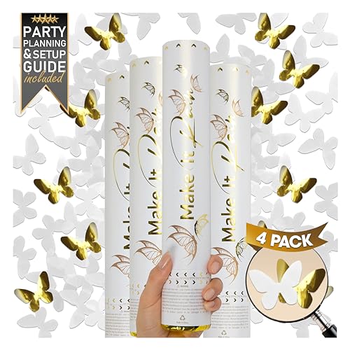 White Butterfly Confetti Poppers 4 Pack | White and Gold Confetti Cannon Party Poppers Confetti Shooters for Wedding Parties Events Birthday Celebrations | Bulk Large Paper Gun Launcher Tube Stick