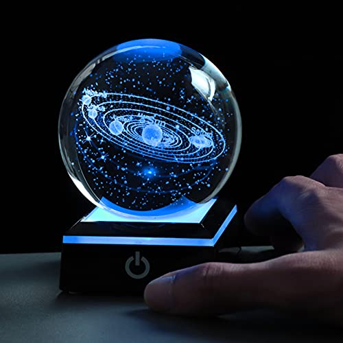 Qianwei 3D Solar System Crystal Ball 80mm 3.15" Laser Engraved Hologram with 4 Colors Light Led Lamp Stand, Galaxy Glass Ball, Planets Sphere, Home Office Decor