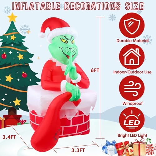 6FT Christmas Inflatable Outdoor Decorations Green Big Monster with Built-in LED Lights Blow up Yard Decoration for Xmas Halloween Holiday Party