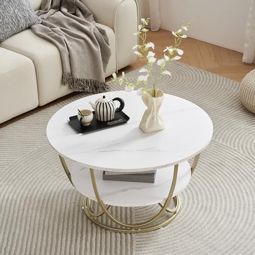 Elephance Round Coffee Table, 31.5 Inch Modern Coffee Table for Living Room, White and Gold Coffee Table with Storage, Wooden Tabletop-Marble White Print with Gold Frame