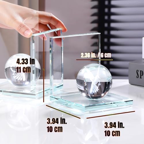 1 Pair 4'' Glass L-Shape Non-Slip Bookends with 2.36'' Crystal Ball Engraved 3D Hummingbird, Birthday Gifts for Women, Mom, Hummingbird Lover, Decoration Book Ends for Shelves Office Desk Home Decor