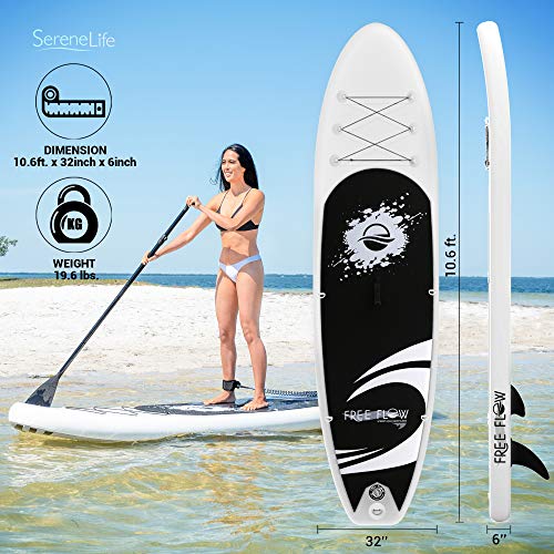 SereneLife Inflatable Stand Up Paddle Board - 10’ Ft. Standup Sup Paddle Board W/ Manual Air Pump, Safety Leash, Paddleboard Repair Kit, Storage / Carry Bag - Sup Paddle Board Inflatable - SLSUPB06