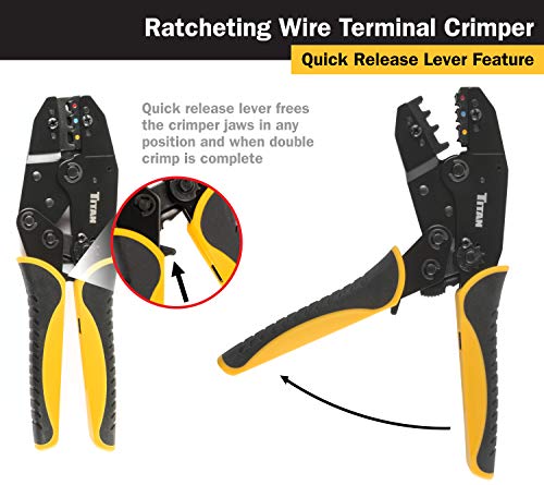 TITAN 11477 Ratcheting Wire Terminal Crimper Tool for Insulated Terminals, Fixed Jaw Crimper
