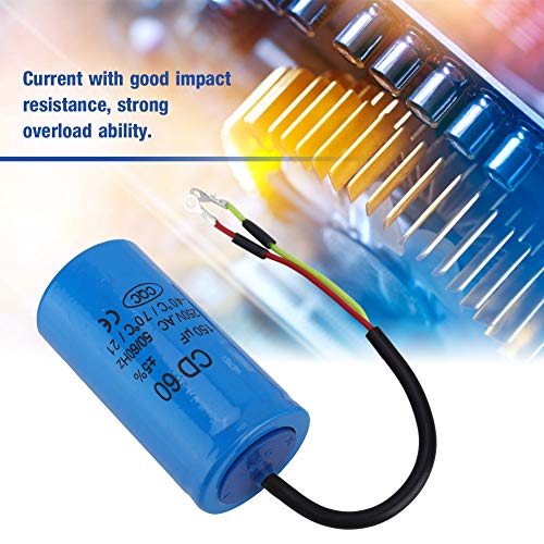 Joyzan CD60 Run Capacitor, Anti Explosion Heat Resisting Run Capacitor 150Uf Capacity 250V Ac 50/60Hz Frequency Round Blue Capacitors with Wire Lead for Motor Air Compressor Start Motors Conditioner