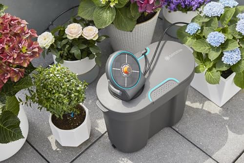 Gardena solar-powered AquaBloom irrigation set with water tank: Solar-powered irrigation set for up to 20 potted plants, control unit with 14 irrigation programmes (13301-20)