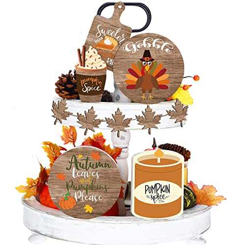 10 Pieces Fall Tiered Tray Decor Rustic Farmhouse Tray Decor Pumpkin Wooden Signs Turkey Table Centerpieces Fall Wood Bead Garland Fall Harvest Wood Blocks for Thanksgiving Home Wall Door (Turkey)