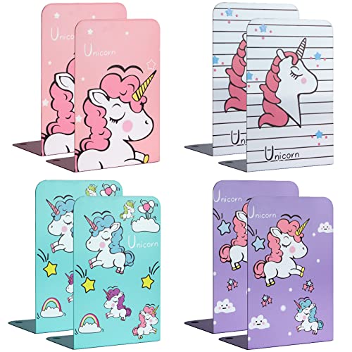 Zyners 8 Pieces Bookends, Metal Bookends for Shelves, Non-Skid Heavy Duty, Unicorn Cute Book Ends for Kids, Girls, Children(5.3 x 4 x 7.5 inches)