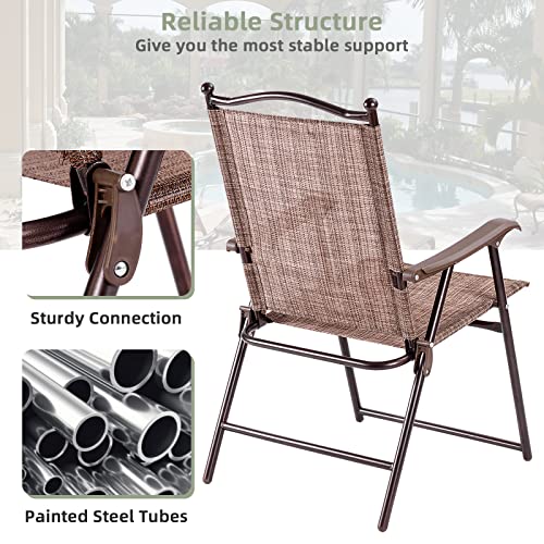 Costway Set of 2 Patio Folding Chairs, Indoor Outdoor Folding Chairs with Armrests, Steel Frame, Weather Resistant Portable Dining Seating Textilene Lounge for Lawn, Backyard, Deck (Coffee)