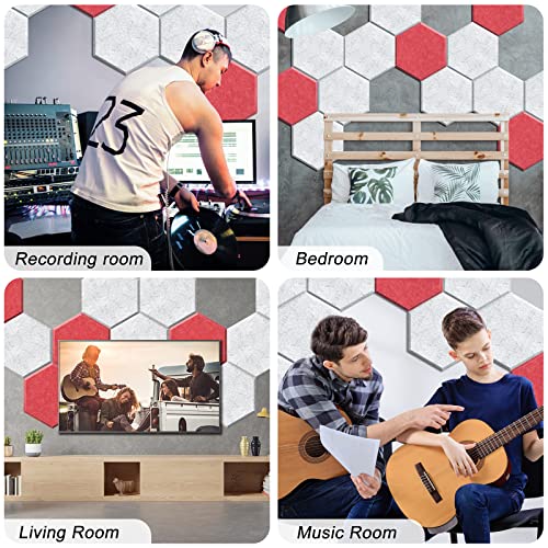 ZHERMAO 12 Pack Hexagon Acoustic Panels Beveled Edge Sound Proof Foam Panels, 14"X13"X 0.4" High Density Sound Proofing Padding for Wall, Acoustic Treatment for Studio, Home and Office (Grey Red)