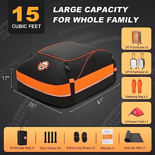 Car Rooftop Cargo Carrier Roof Bag, 15 Cubic Waterproof Soft Shell Roof Top Cargo Carrier Box for All Cars with or Without Luggage Rack - Protective Mat, Safety Hooks, Tie-Down Straps and Storage Bag