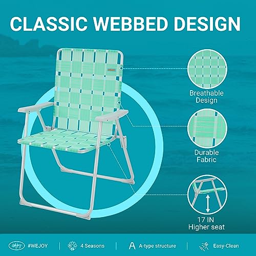 #WEJOY 2 Pack Anti-tip Over Folding Webbed Lawn Chair, Oversized 17-in High Beach Chair for Adults,Aluminum High Seat Camping Chair for Elder Outdoor Garden Park Backyard(Cyan/Grey)