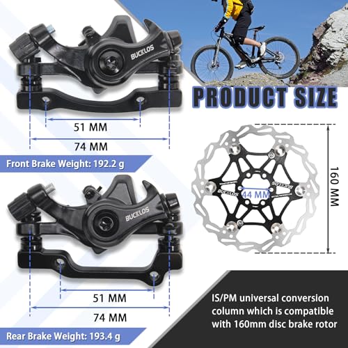 BUCKLOS MTB Bike Disc Brake kit, Mechanical Disc Brakes Aluminum Alloy Caliper for Mountain Bike with 160mm Stainless Steel Rotor/Floating Rotors and is/PM Universal Conversion Adapter (Front+Rear)