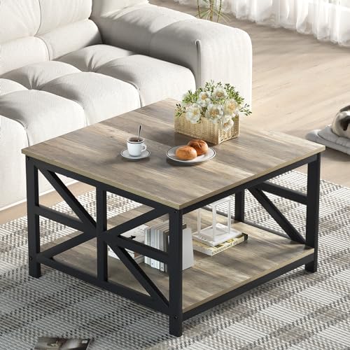 GreenForest Coffee Table with Storage, Small Coffee Table for Living Room, 27.6 inch Farmhouse Square Sofa Table Center Table for Small Spaces, Easy Assembly, Grey Wash