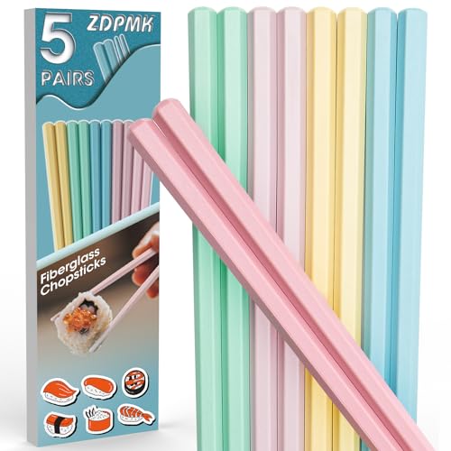 ZDPMK 5 Pairs Reusable Fiberglass colorful Chopsticks Set, Dishwasher Safe, 9.57 Inches, Premium Non-Slip Design with Case – Perfect for Japanese, Korean, and Chinese Cuisine, Great Gift for Parties