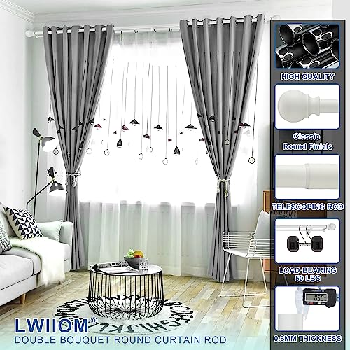 Lwiiom Double Curtain Rods with Aluminum Bouquet Brackets and Round Finials,Matte White Curtain Rods for Windows 72 to 144 inch,1-Inches Front and 5/8 Inches Back Double Window Drapery Rod for